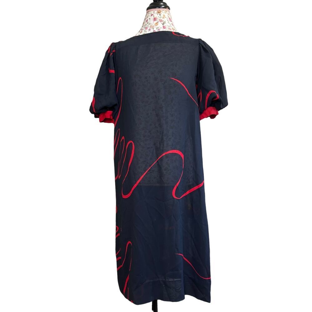 Vintage 60's Mod Black Red Sheer Chiffon Puff Sleeve Midi Shift Dress Liz Robert